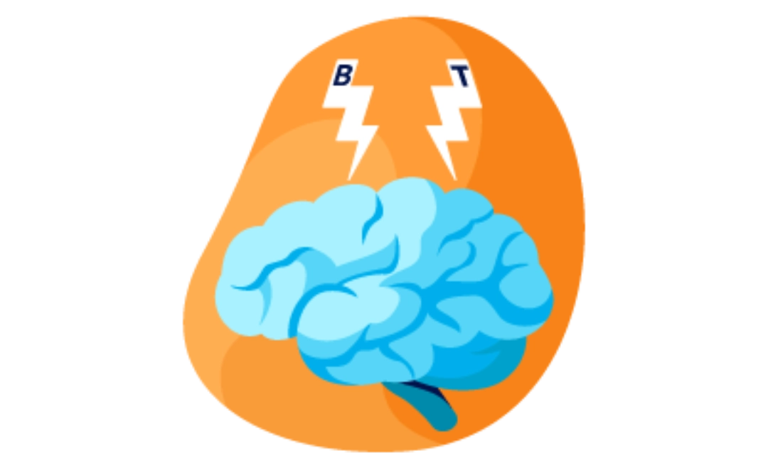 Illustration of a brain with lightning bolts symbolizing the acute process, which causes relapses and MRI activity.