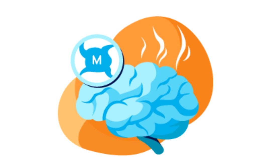 Illustration of a brain with microglia, depicting the chronic smoldering process