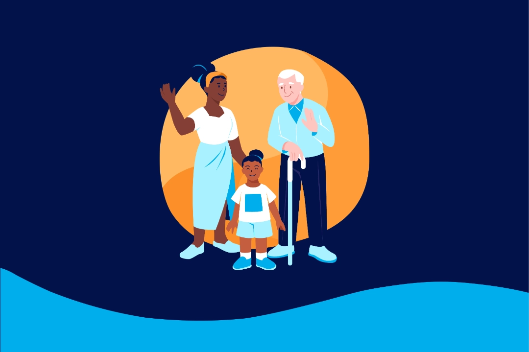 Illustrazione di una bambina sorridente, una donna che saluta con la mano e un uomo che porta un bastone e con l'altra mano saluta 