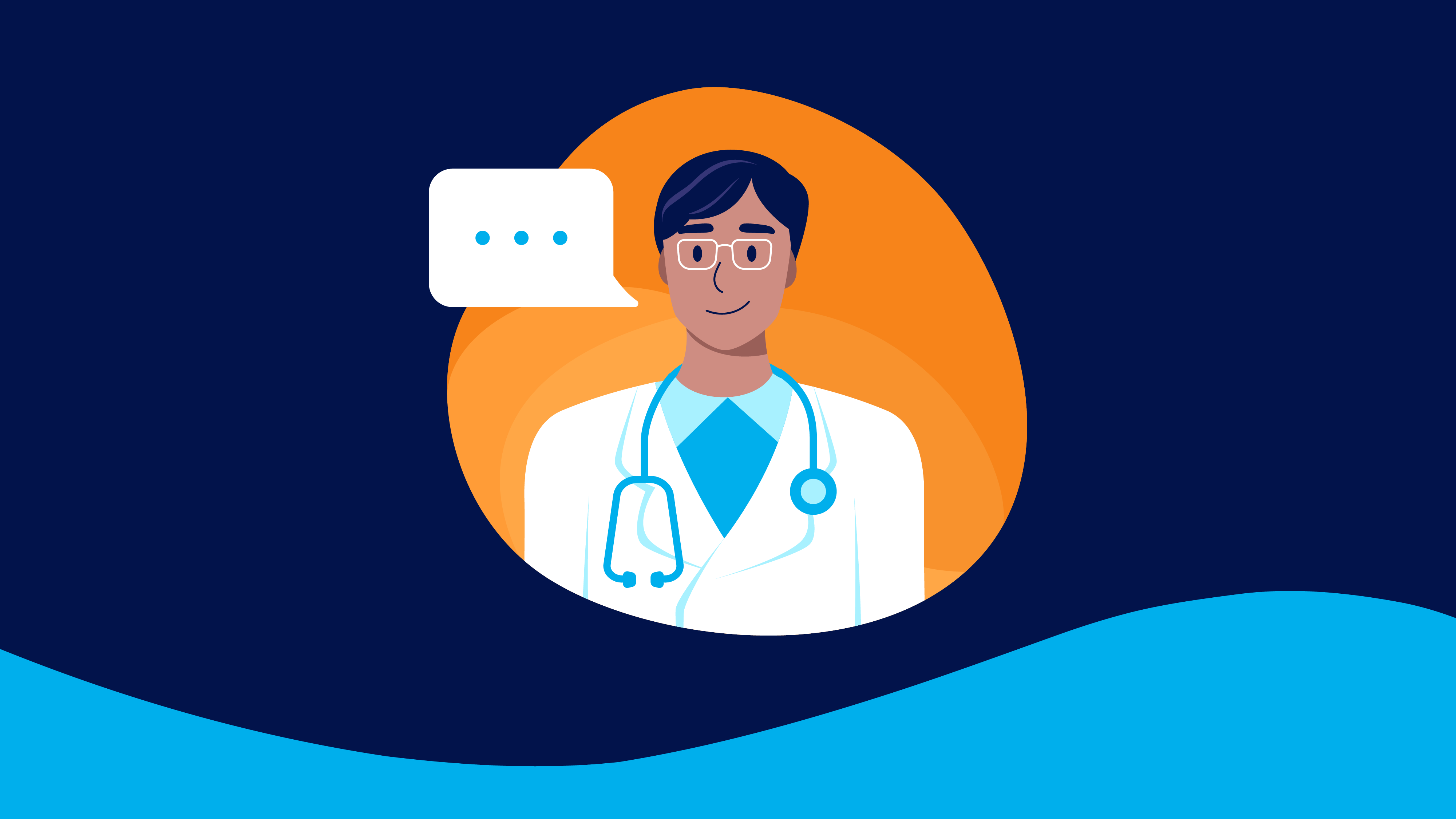 Illustration of a doctor with a speech bubble next to them.