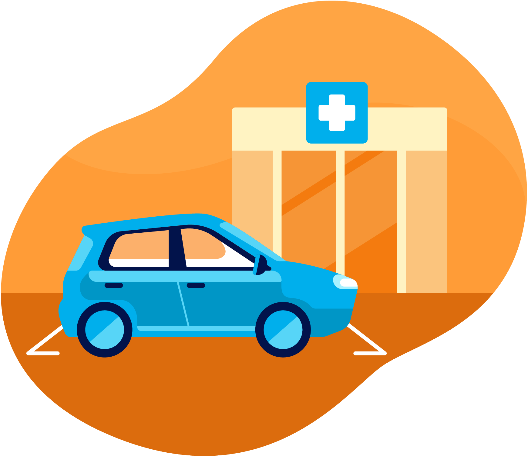 Illustration of a car parked in a parking space close to a doctor’s office
