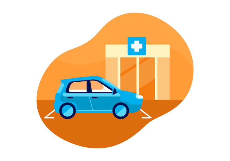 Illustration of a car parked in a parking space close to a doctor’s office