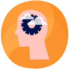 Illustration af et hoved med skyer og tandhjul indeni, der symboliserer kognitive udfordringer