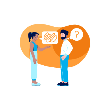 Illustration af en kvinde, der taler, og en mand, der kæmper for at finde de rigtige ord