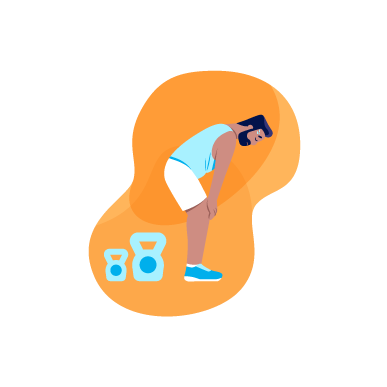 Illustratie van een man met zijn handen op zijn knieën naast fitnessapparatuur, die symbool staat voor een gebrek aan energie waardoor hij niet meer kan trainen zoals voorheen