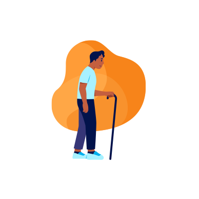 An illustration of a man walking with a cane, representing muscle weakness leading to difficulty walking long distances.