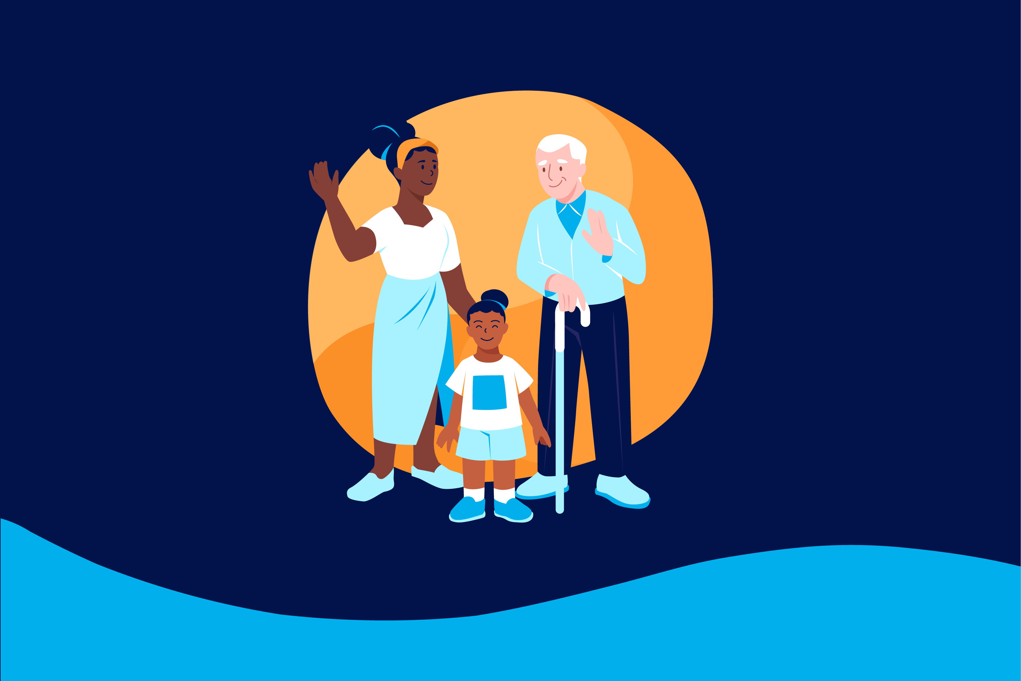 Illustration av ett leende barn, en vinkande kvinna och en man med käpp som vinkar