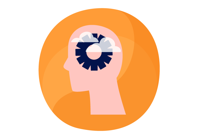 Illustration of a head with clouds and gears inside, symbolizing brain fog