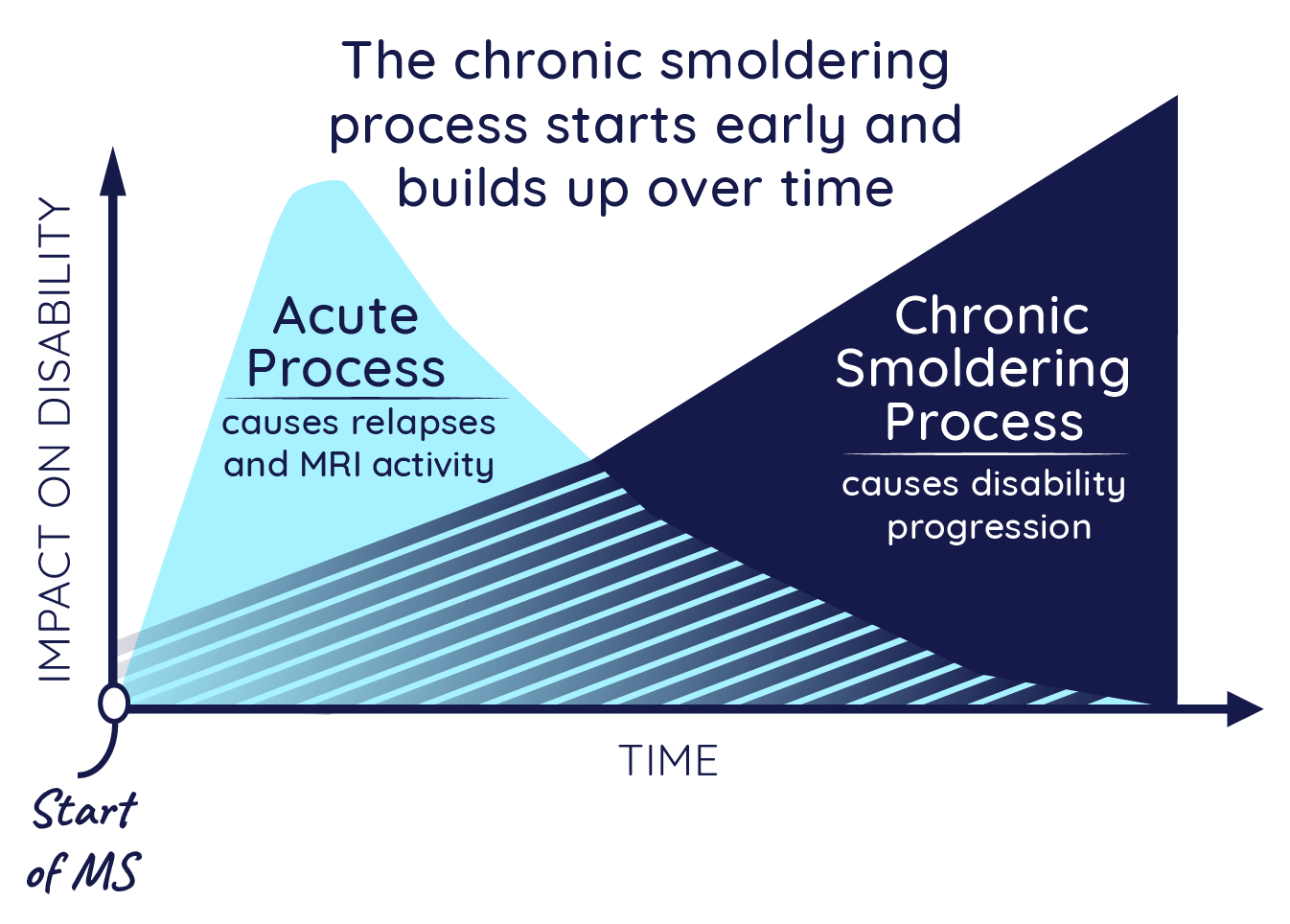 Graph of MS progression over time, showing the acute process decreasing over time and the chronic smoldering process starting early and increasing over time, causing disability progression