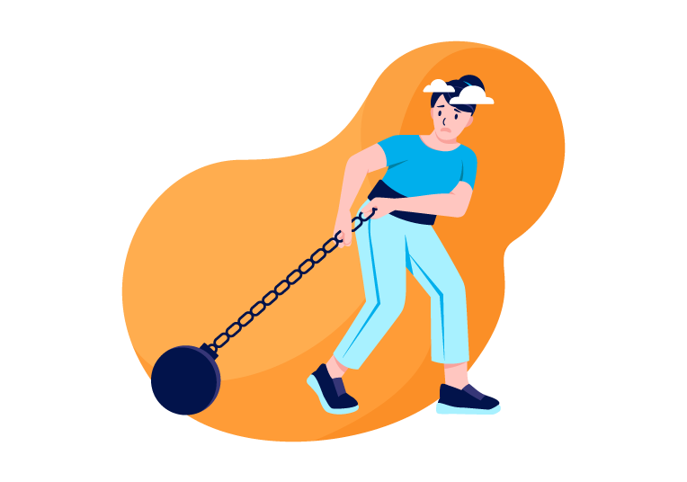 Illustration of a woman pulling a heavy ball and chain representing disability progression