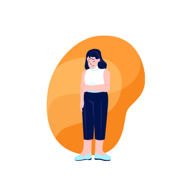 Illustration of a woman with a sad expression looking down with one arm over her stomach representing bowel and bladder issues