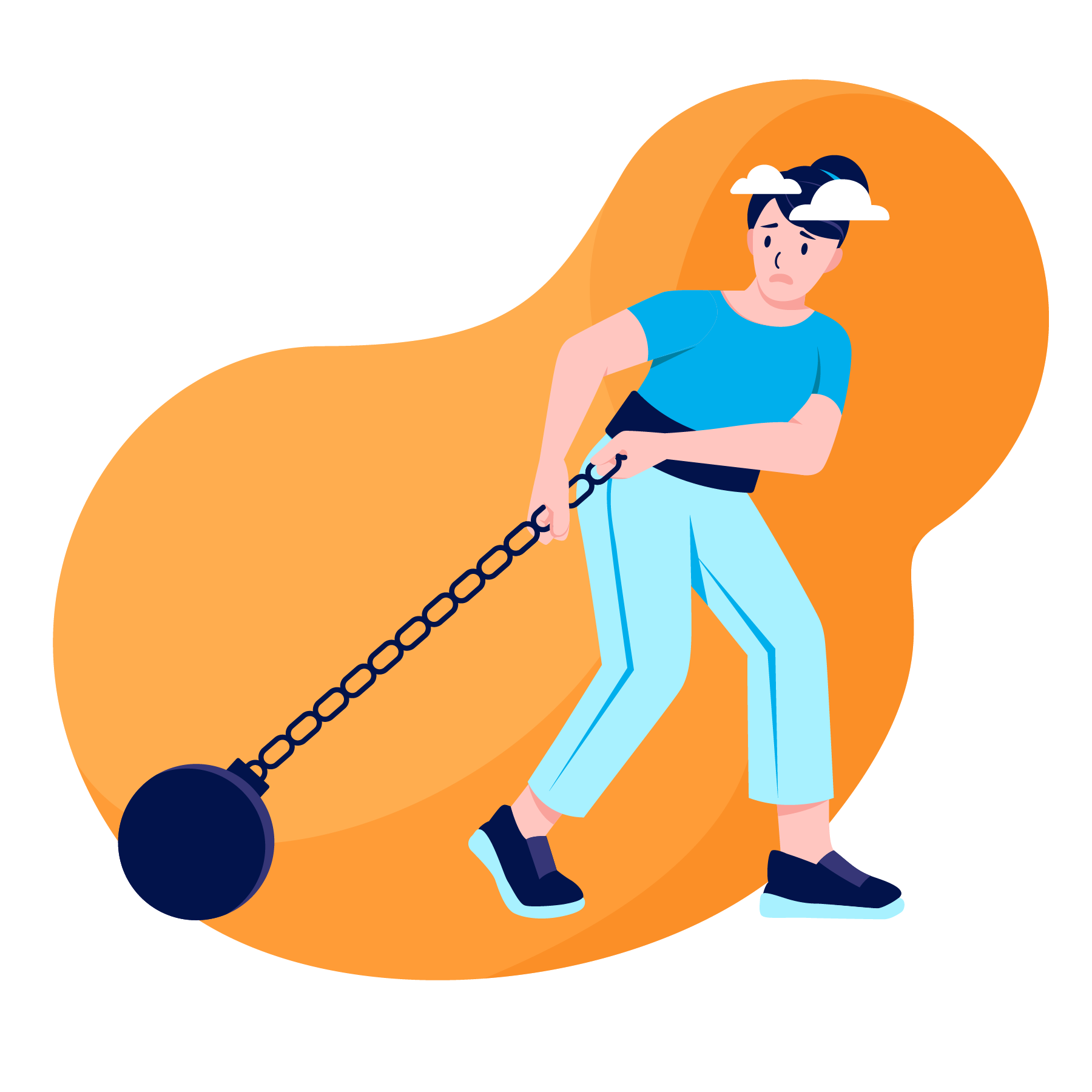 Illustration of a woman pulling a heavy ball and chain representing disability progression