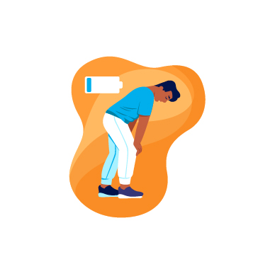 Illustration av en man med låg batterinivå, som symboliserar brist på energi
