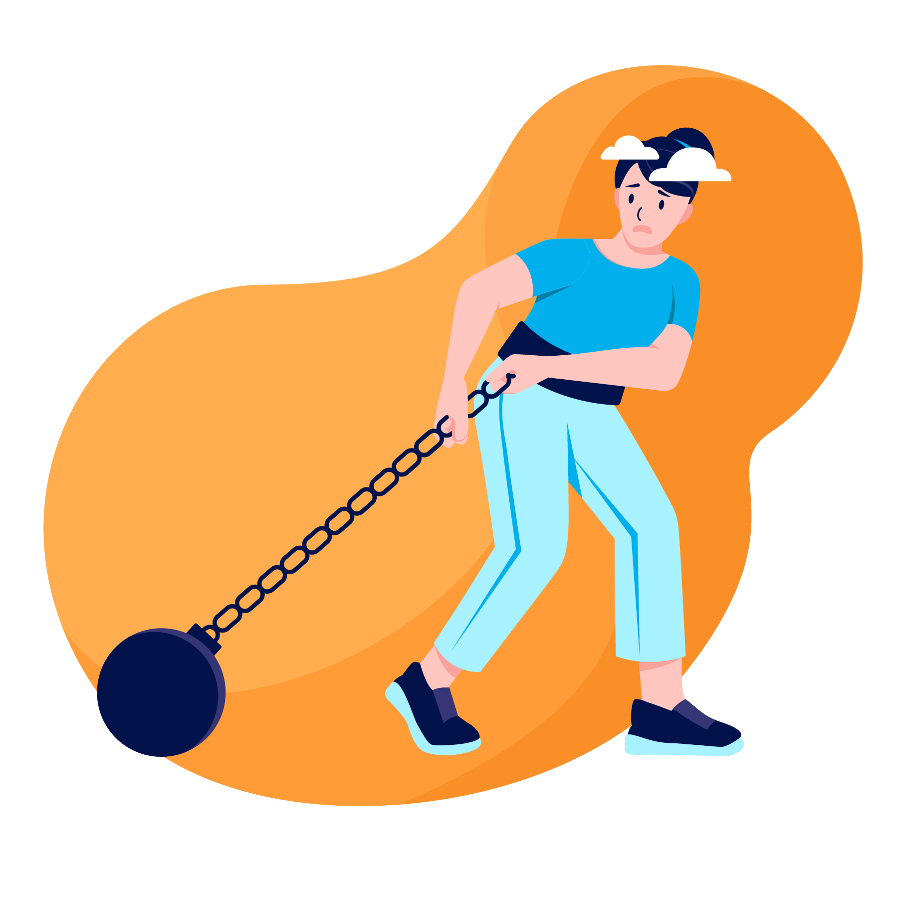 Illustration av en kvinna som drar en tung kula och kedja som symboliserar funktionsnedsättningens progression